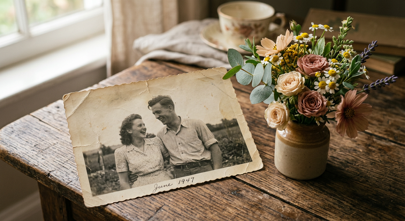 Altes Foto liegt neben frischen Blumen auf einem Holztisch, warmes Licht