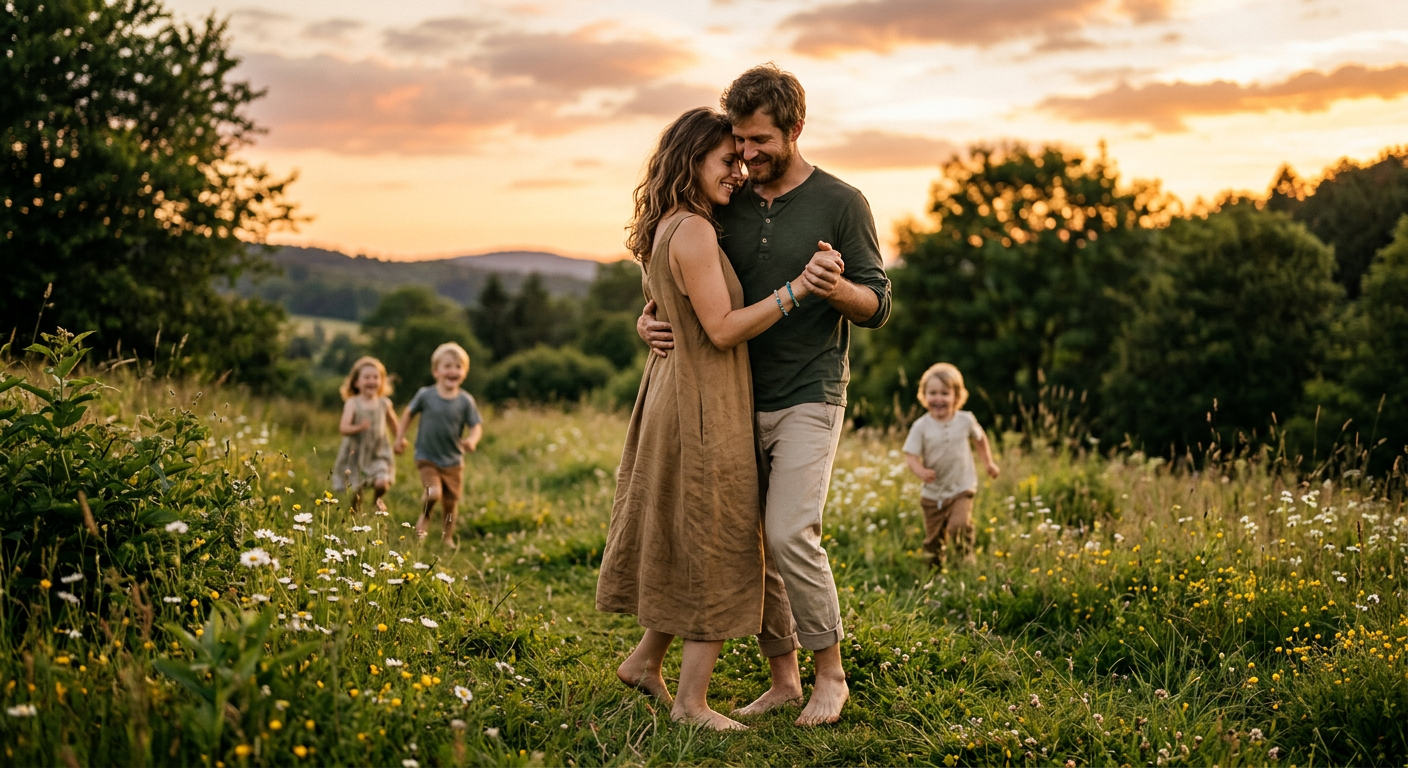 Paar tanzt langsam in der Abenddämmerung auf einer Wiese, barfuß, Kinder rennen im Hintergrund