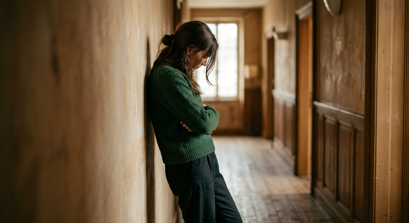 Frau steht am Fenster und schaut nach draußen, Morgenlicht, Aufbruchstimmung