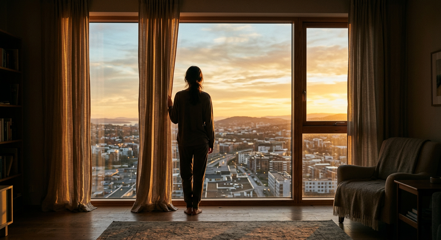 Frau steht am Fenster und schaut nach draußen, Morgenlicht, Aufbruchstimmung