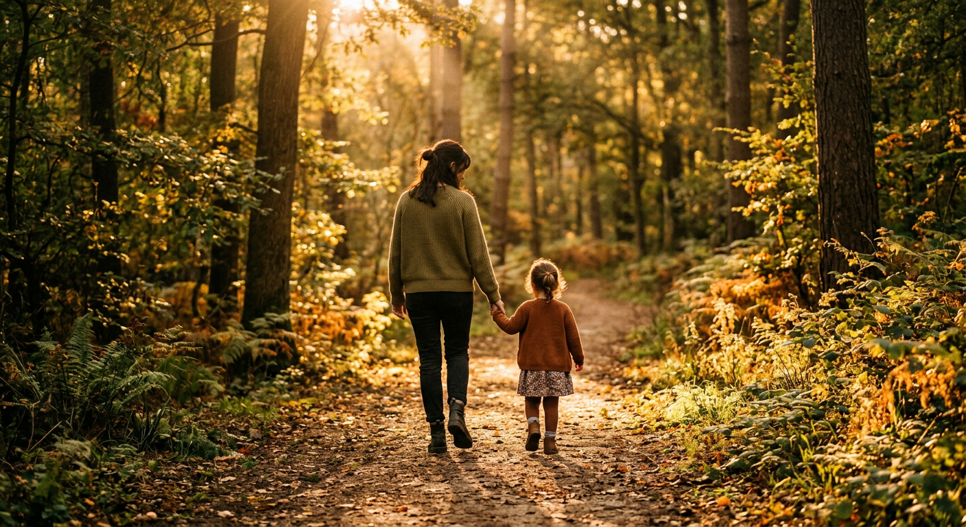 Frau und Kind gehen Hand in Hand einen Weg entlang, Rückenansicht, natürliches Licht