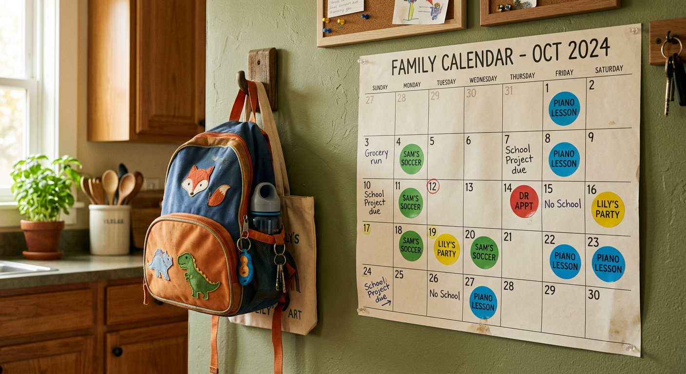 Kalender an einer Küchenwand mit farbigen Markierungen für verschiedene Tage