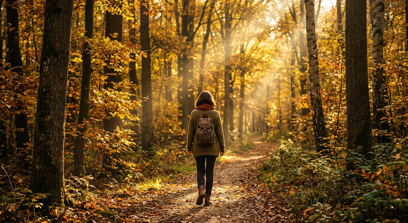 Frau geht allein durch einen sonnendurchfluteten Wald — innere Stärke und Neuanfang nach dem Kontaktabbruch