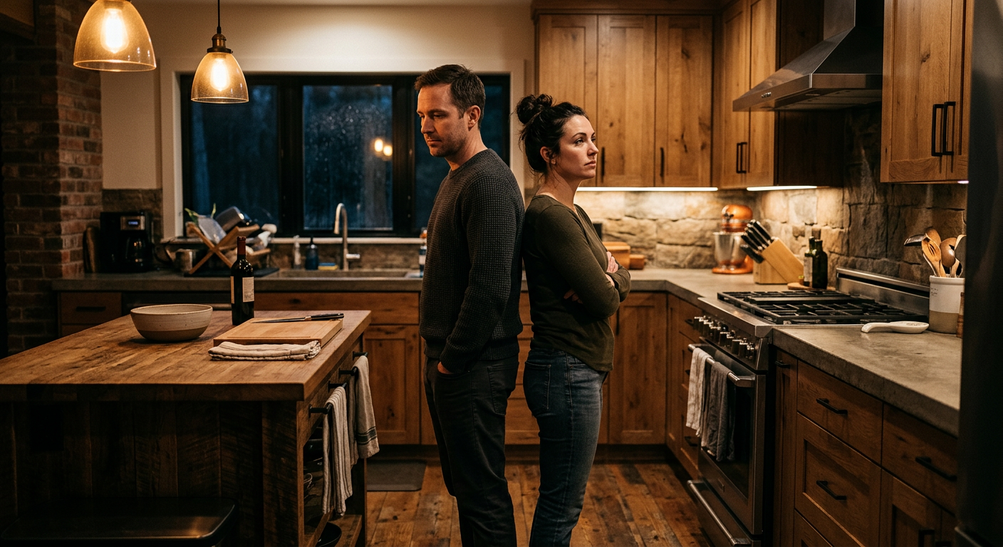 Paar steht Rücken an Rücken in einer Küche, symbolisch für emotionale Distanz