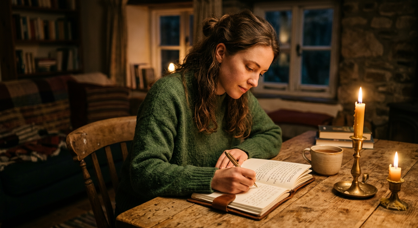 Frau schreibt in ein Notizbuch bei Kerzenlicht — Selbstreflexion und innere Klarheit