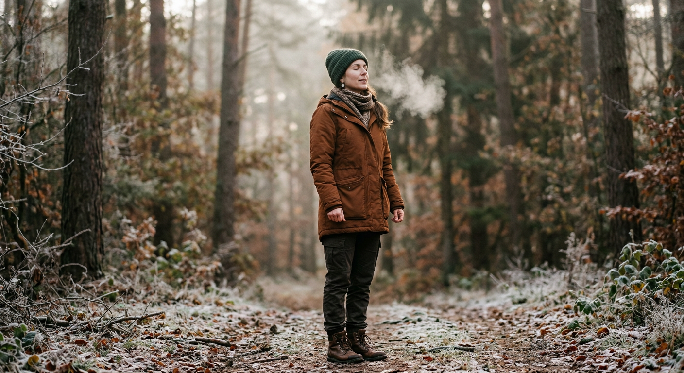 Frau atmet tief in der kalten Morgenluft, Wald im Hintergrund, Emotionsregulation